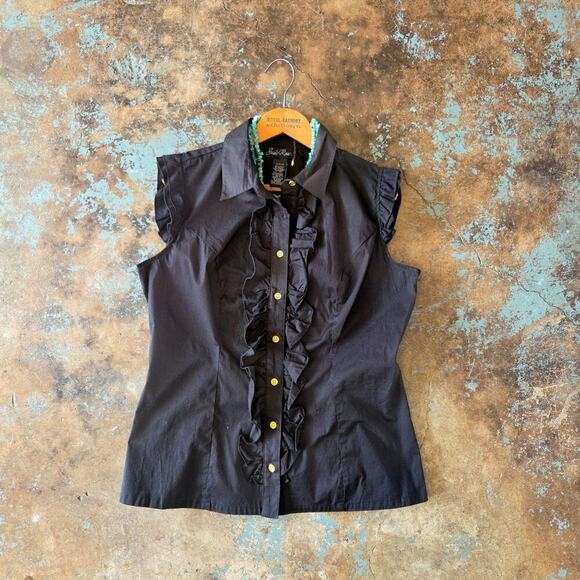 Susie Rose Tops - Vintage Y2K Black Ruffle Front Top Size XL 15 17 Cap Sleeve Corpcore Button Up